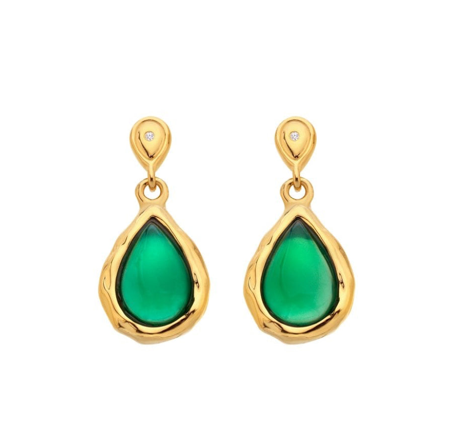 Hot Diamonds Green Agate Teardrop Gold Plated Drop Earrings