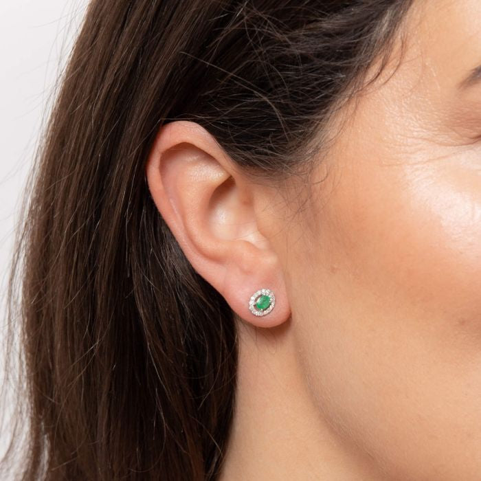 Emerald and Diamond Cluster Stud Earrings in 9ct White Gold