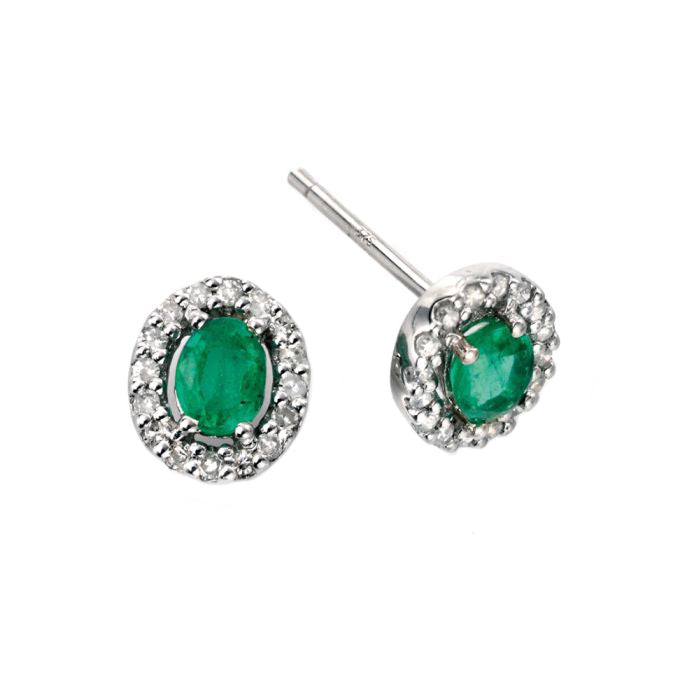 Emerald and Diamond Cluster Stud Earrings in 9ct White Gold