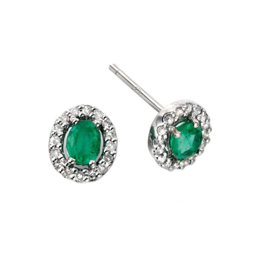 Emerald and Diamond Cluster Stud Earrings in 9ct White Gold