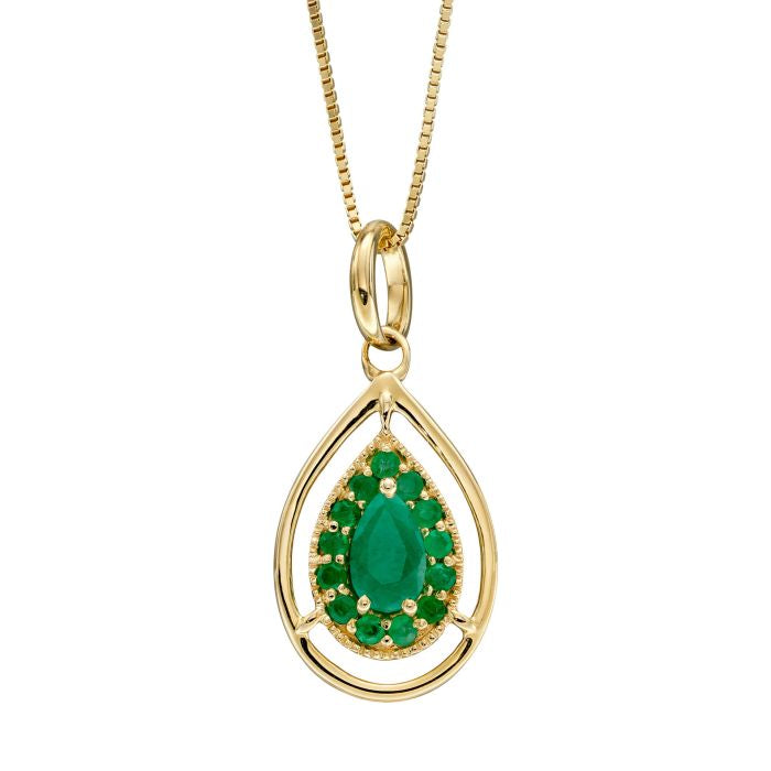 Emerald Teardrop Cluster Pendant in 9ct Gold
