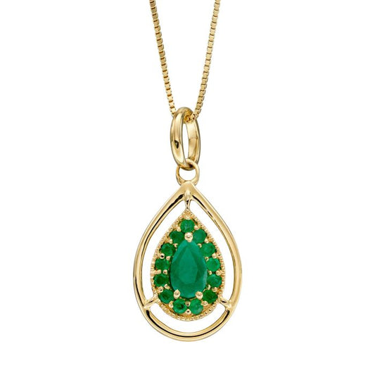 Emerald Teardrop Cluster Pendant in 9ct Gold
