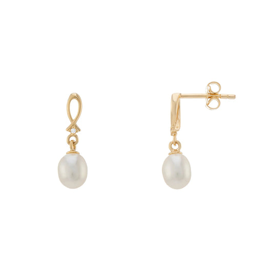 9ct Gold Freshwater Pearl Drop Earrings with Cubic Zirconia Twist Detail