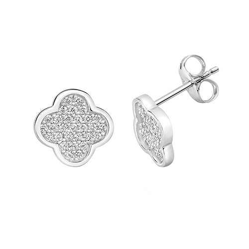 Silver Clover Stud Earrings with Pave Set Cubic Zirconia