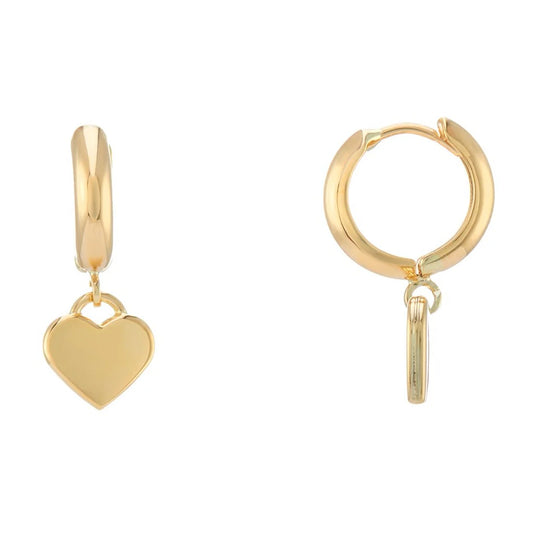 Heart Charm Huggie Hoop Drop Earrings in 9ct Gold