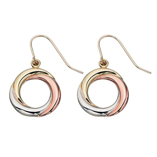 Tri-Colour Open Circle Drop Earrings in 9ct Gold