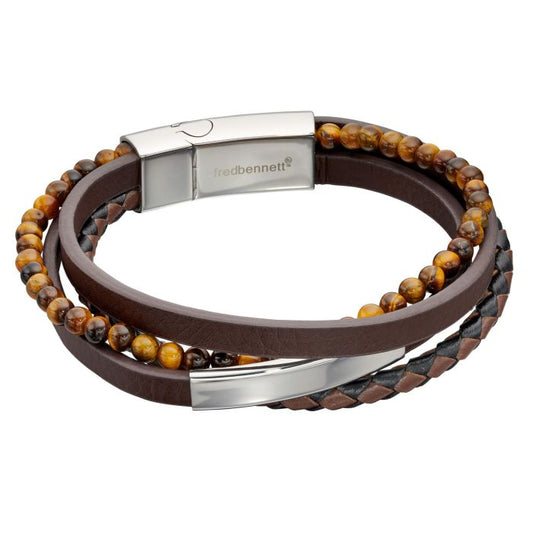 Fred Bennett Men’s Multi Strand Leather and Tigers Eye Bracelet
