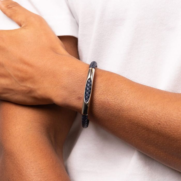Fred Bennett Men’s Woven Blue Leather Bracelet with Stainless Steel