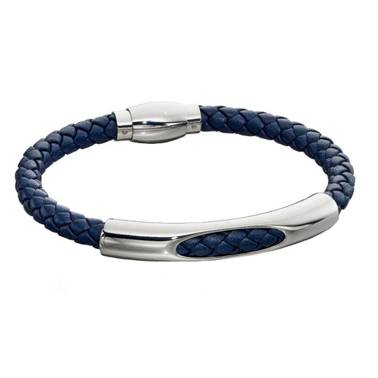 Fred Bennett Men’s Woven Blue Leather Bracelet with Stainless Steel