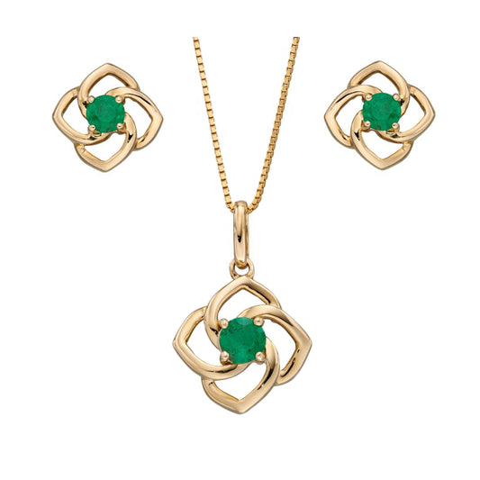 Open Flower Design with Emerald Matching Set in 9ct Gold